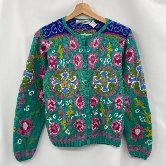 Vintage silk cotton blend teal hand knit colorful cardigan sweater - Picture 2 of 4